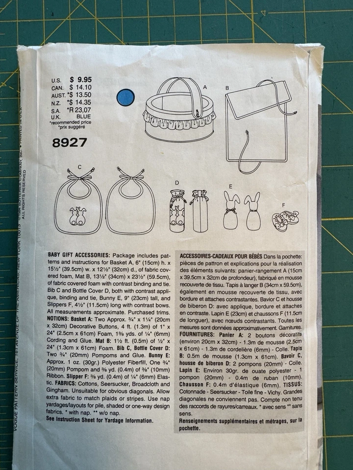 Pattern For Baby Gifts, Bibs, Basket, Slippers Vogue 8927 - Image 3 of 4