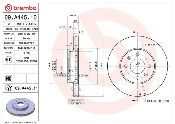 2X Brembo Bremsscheibe Prime 09.A445.10 FüR PB PBT KIA Accent Hyundai MC I20 1 3-image