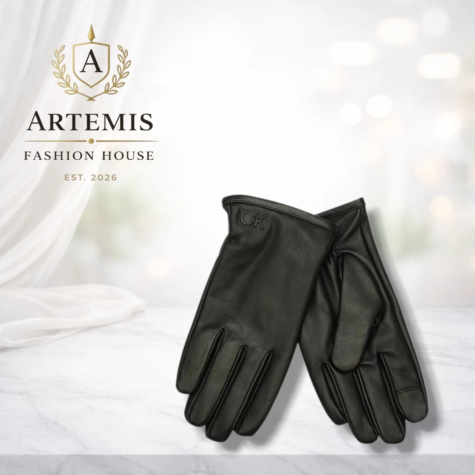Calvin Klein Men's Leather Black Injected Touch Screen Winter Gloves Size Small