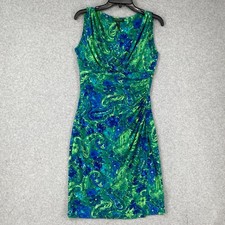 Lauren Ralph Lauren Dress Women's 8 Green Blue Paisley Draped V Neck Ruched