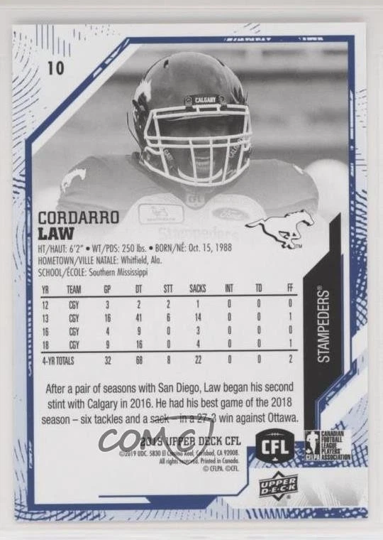 2019 Upper Deck CFL Blue Cordarro Law #10 - Image 2 of 2
