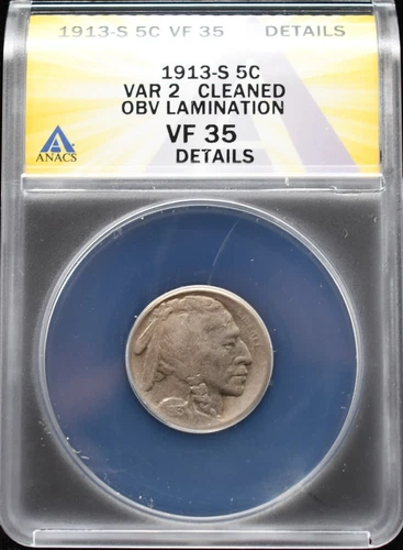 1913-S Buffalo Nickel ANACS VF 35 Details, Var 2, Obv Lamination #24APR246