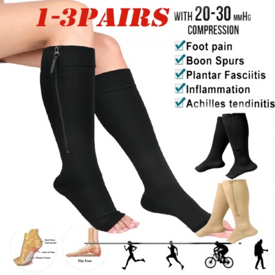1-3 Pares Cremallera Calcetines de Compresión Hombres y Mujeres 20-30mmHG