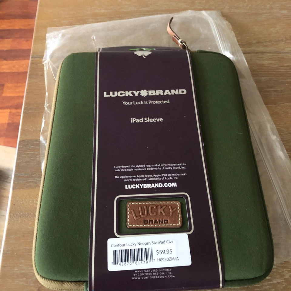 Lucky Brand Tablet Case iPad Olive Green Clover Logo Neoprene Zip Sleeve -NEW - Image 4 of 4