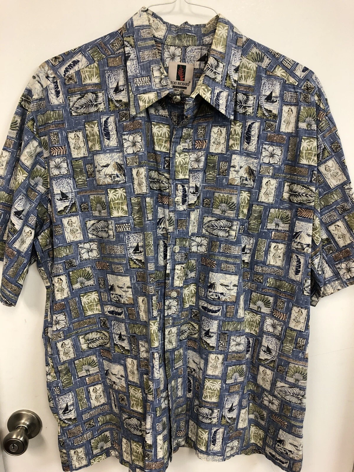 Tori Richard Men’s 2XL Cool Hula Sailing Blue Pattern 100% cotton made in Hawaii