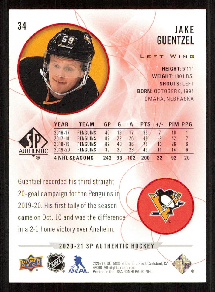 2020-21 SP Authentic Limited Red #34 Jake Guentzel - Image 2 of 2
