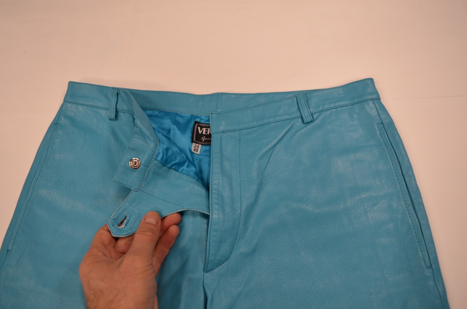 Versace, Versus unique Vintage Turquoise & Black color Leather Pants size 32 US image 9