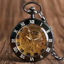 Open Face Mechanical Pocket Watches for Men Gold Skeleton Roman Numerals Display