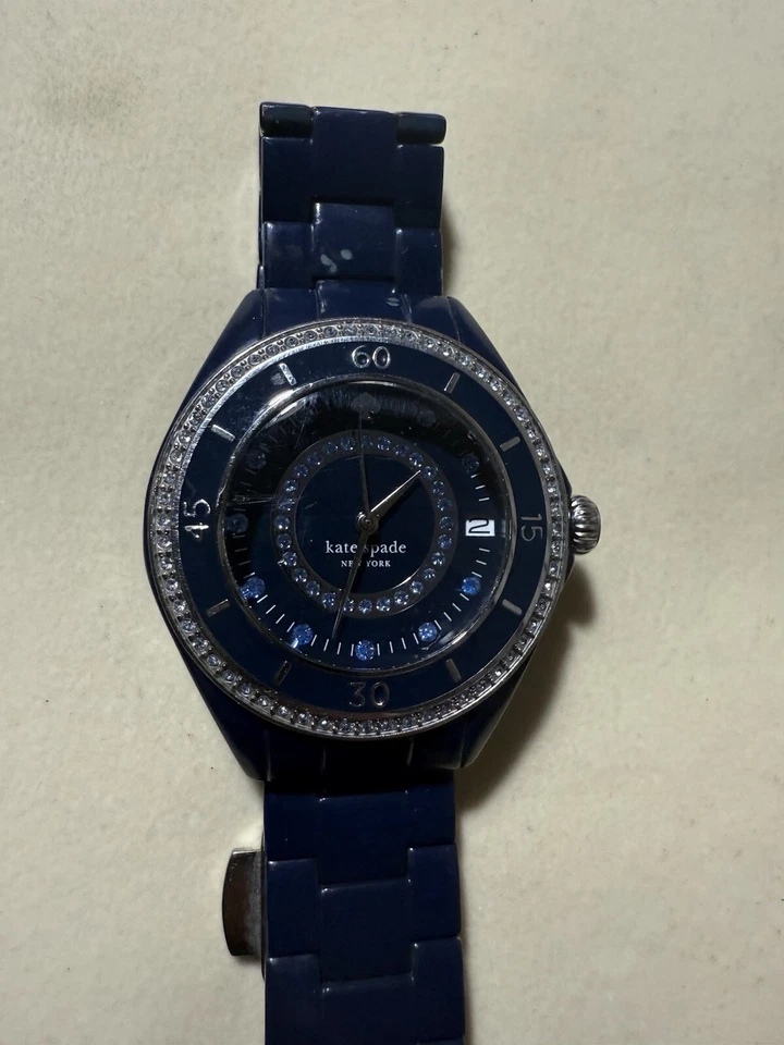Raro Reloj Kate Spade Azul Puerto Damas Azul Gema Pavimentado Esfera Bisel Impresionante Foto 3 de 4