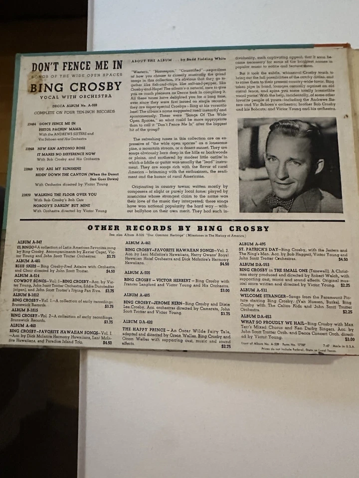 Bing Crosby – Don't Fence Me In ~ 1946 4x10" 78RPM Decca A-559 Pistol Packin Foto 3 de 4