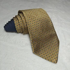 Tommy Hilfiger Gold Blue Tie 100% Imported Silk Men’s Made In USA Micro Dotted