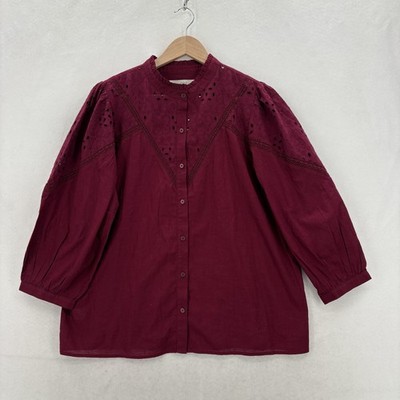 LOFT Blouse Womens Medium Red Embroidered Button Front 3/4 Sleeve Tunic Top NWT