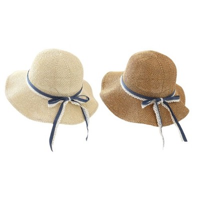 Elegant Bows Decorated Wide Border Sun Hat Foldable Beach Hat Adjustable