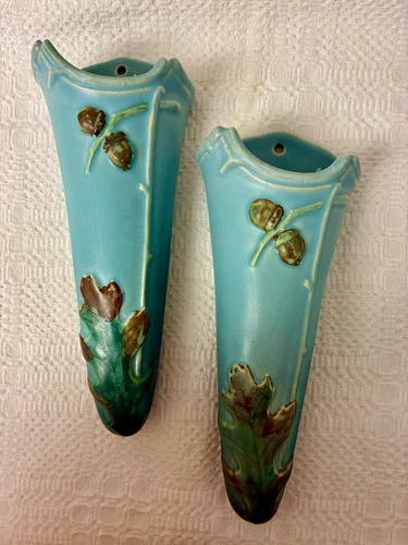 Antique Weller Oak & Acorn Wall Pockets Pair