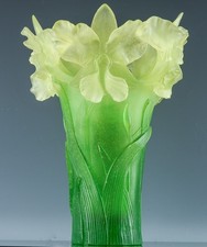 STUNNING LARGE DAUM NANCY FRANCE PATE DE VERRE IRIS PATTRN FRENCH ART GLASS VASE