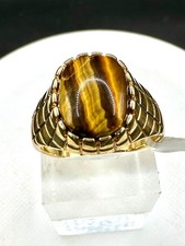Mens gold ring tigers eye brown oval cut signet pinky hallmarked 18kt impressive