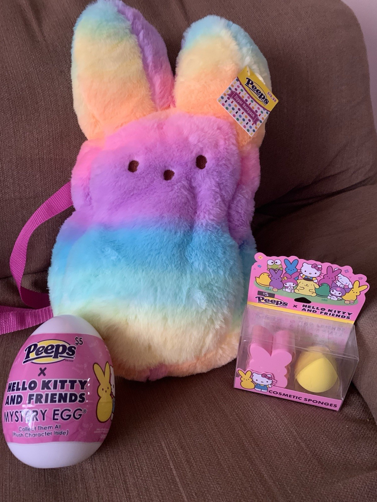 Big plush bear and peep egg backpack with rainbow hello kitty design