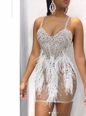 White Silver Beaded Feather Sheer Mini Bodycon Dress Sweetheart Neck Party  | eBay