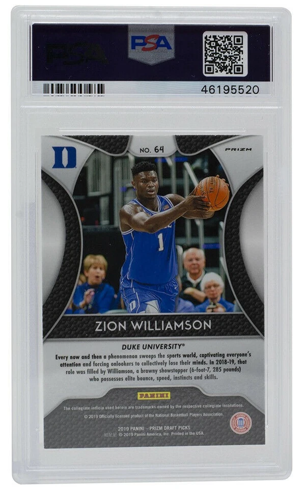 Zion Williamson Duke 2019 Panini Prizm DP Pink Pulsar #64 Card PSA GEM MT 10 - Image 2 of 3