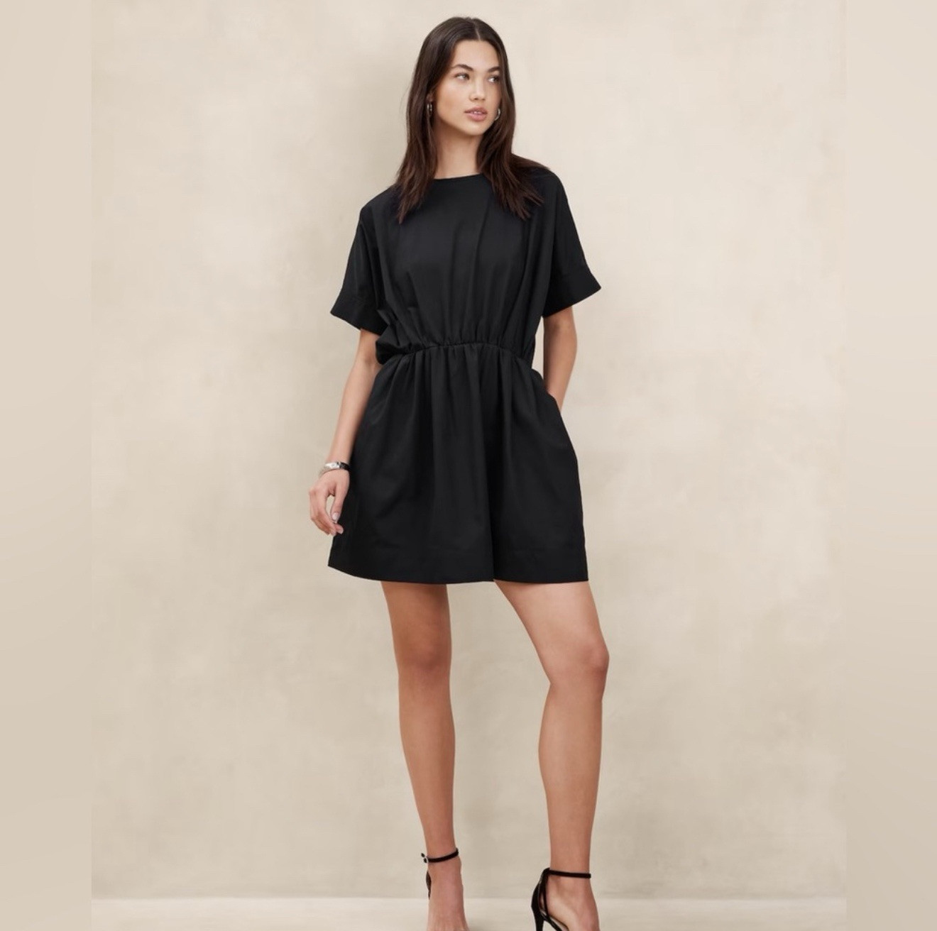 Banana Republic Black Poplin Mini Dress Dolman Sleeve Size L