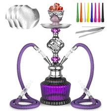 2 Hose Hookah Set 15'' Shisha With Everything Hookah Glass Vase Hollow-Carved...