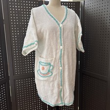Vintage Stan Herman White Terry Cloth House Coat with A Coffee Cup Pocket
