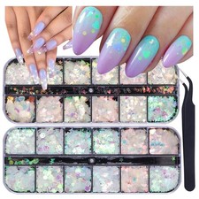 24 Grids Holographic Nail Sequins and 1 Pcs Tweezers,Iridescent Mermaid Flake...