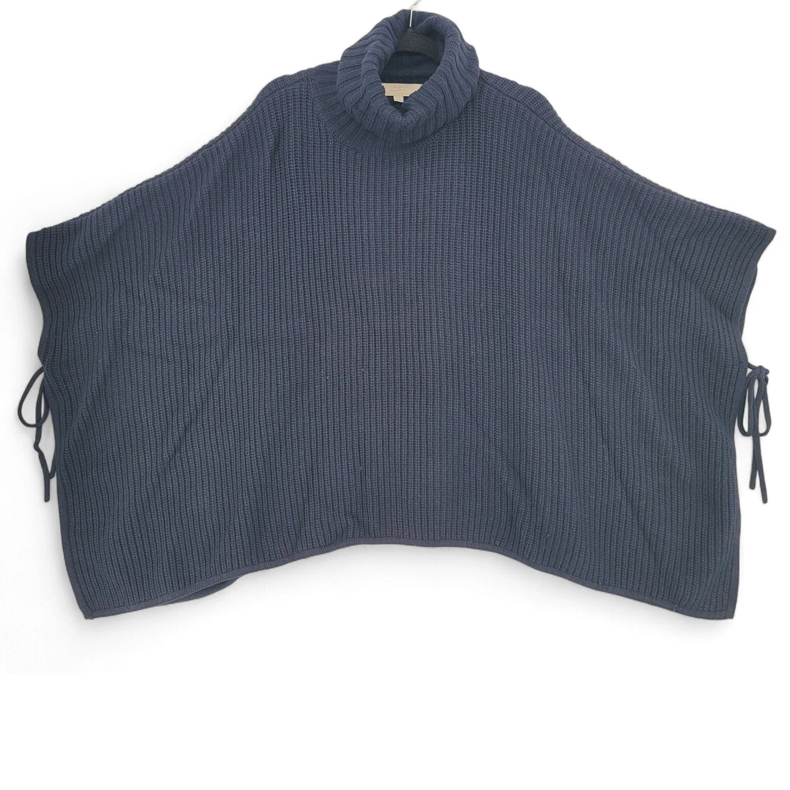 LOFT Wool Blend Poncho Cape Sweater XS/S Navy Turtleneck Side Tie EUC Cozy