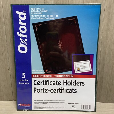 5-Pack Esselte Oxford Certificate Holders - Green w Gold Accent - Letter Size