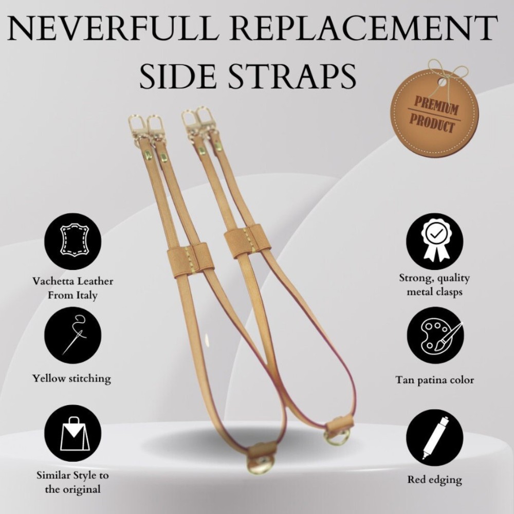 Neverfull MM /GM Bag Pair of Vachetta Leather Side Strap Replacement With Patina