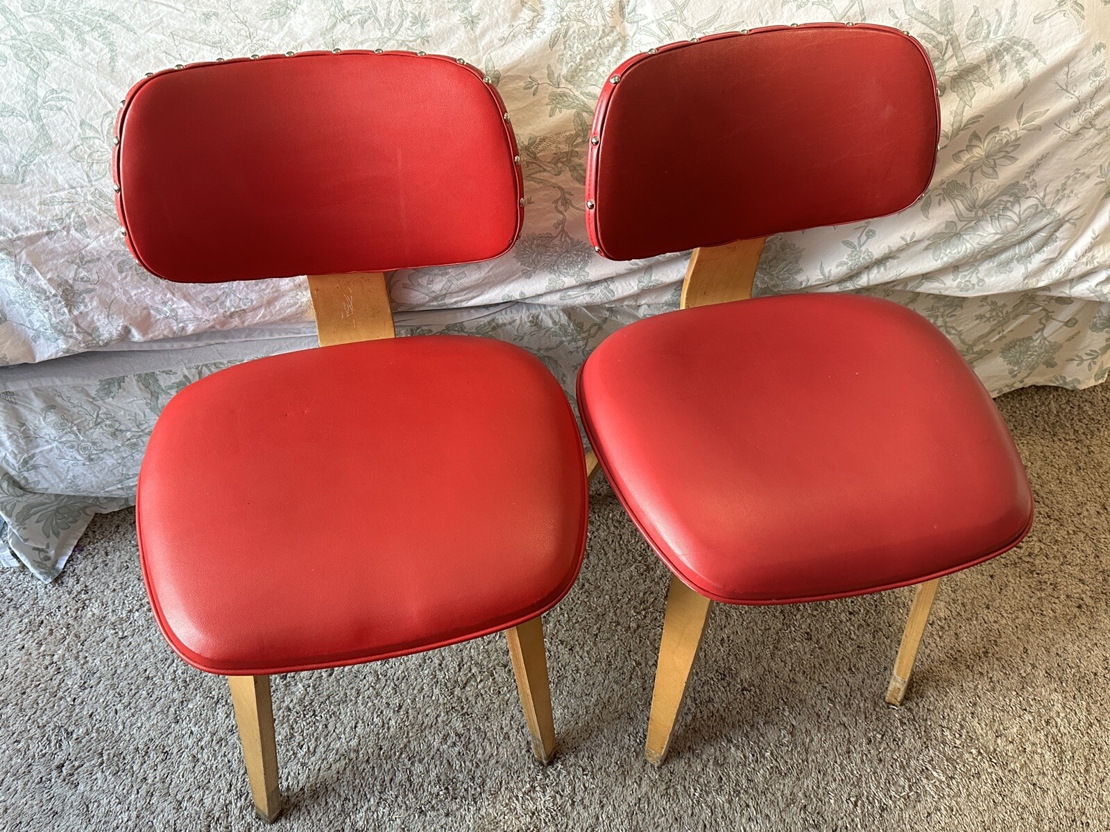 Vintage Pair MCM Thonet Bentwood Sculpted Chair Red Vinyl Uphostery Bruno Weil