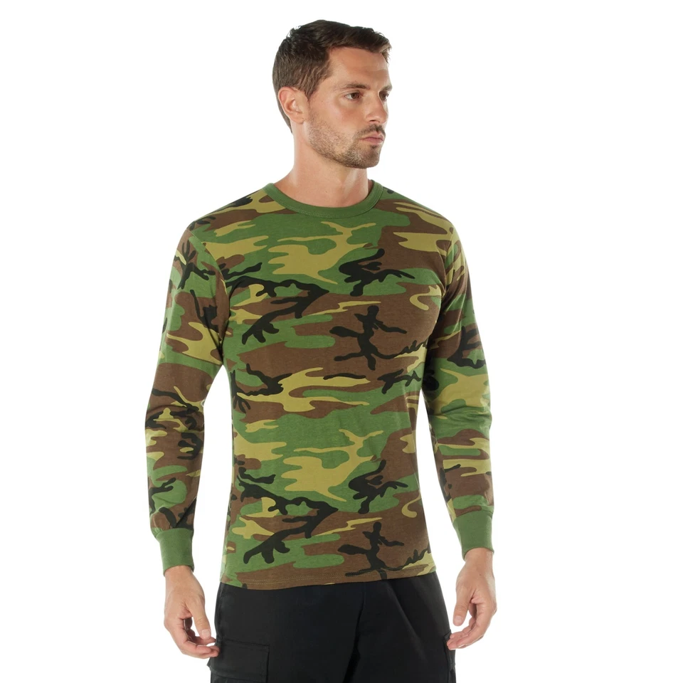 Long Sleeve Shirt Woodland Camo Tactical Military Hunting Rothco Tee Sizes S-6XL - Image 2 of 4