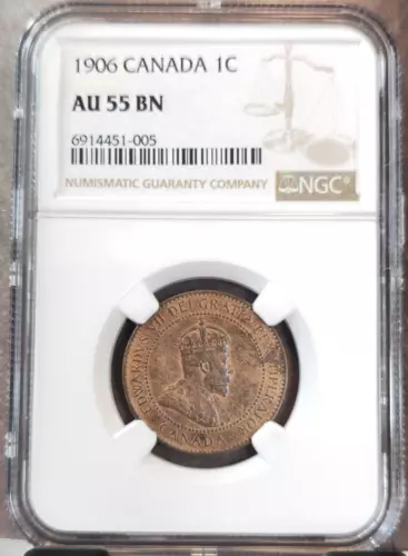 1906 CANADA 1 CENT KING EDWARD VII NGC AU 55 BN SCARCE GOOD EYE APPEAL