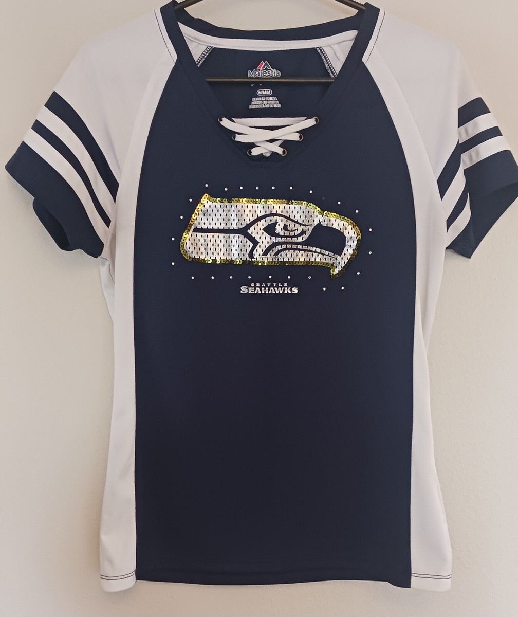 Seattle Seahawks Women's White Blue Rhinestone Sequins Lace Up