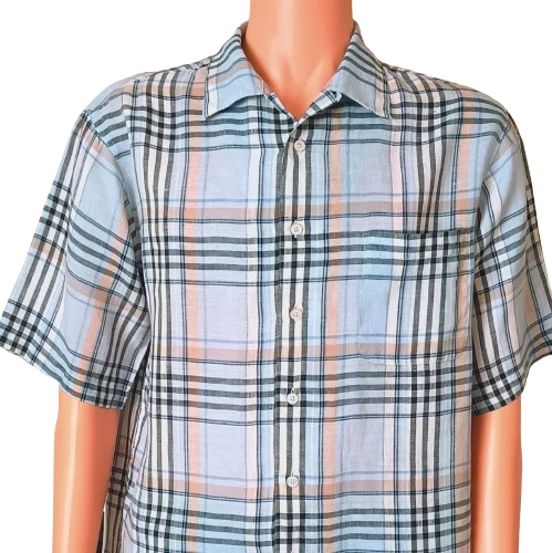 Daniel Cremieux Plaid Linen Shirt M Blue Short Sleeve Button Down Front Pocket - Picture 1 of 4