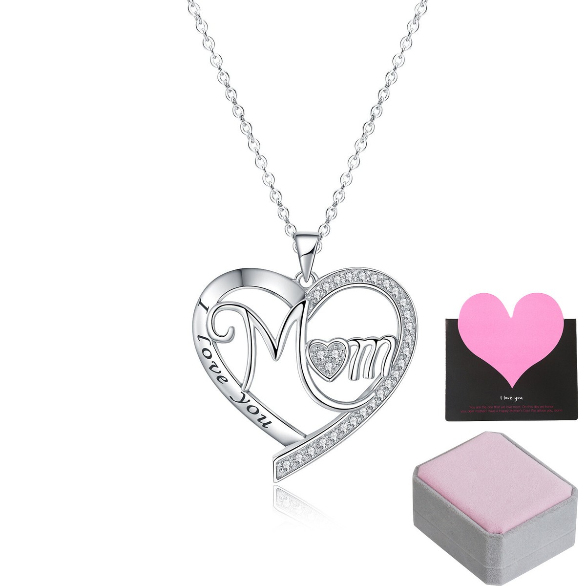 Mom I Love You Heart Pendant 925 Sterling Silver CZ Necklace