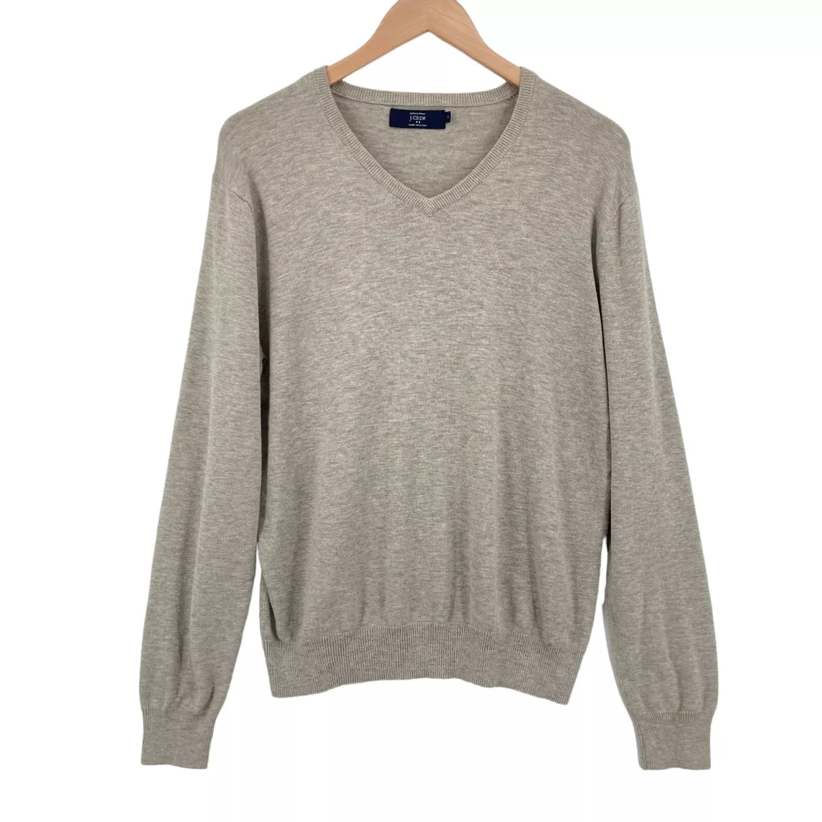 J.CREW Sweater Women Medium Beige Knit Cotton Long Raglan Sleeve V Neck Pullover