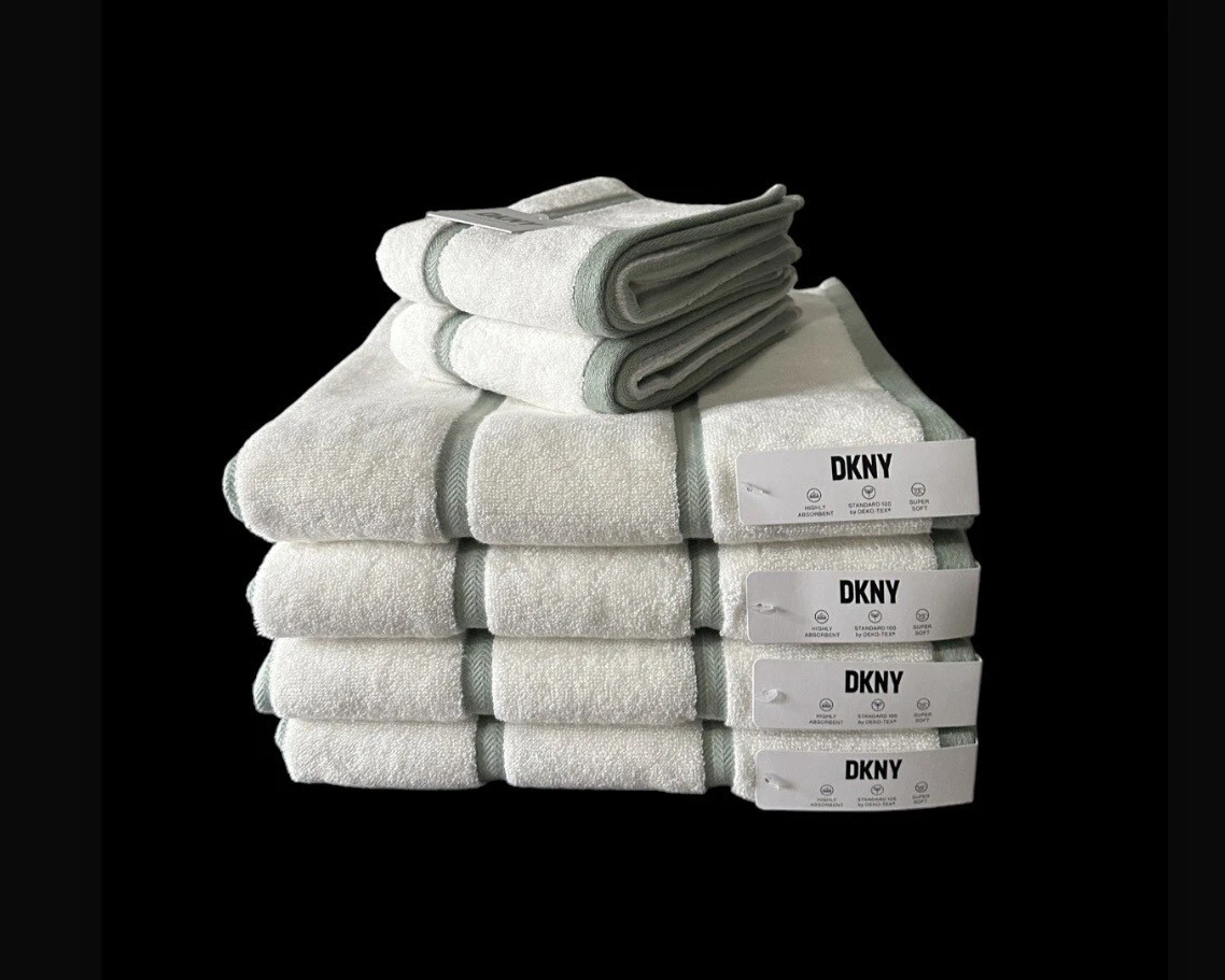 NEW DKNY GRAY,WHITE STRIPES 100% COTTON BATH TOWEL,2 HAND TOWELS,4  WASHCLOTHES