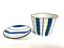 Soba Choko Set with Matching Garnish Plate Blue & White Noodle Dipping Cup&Dish