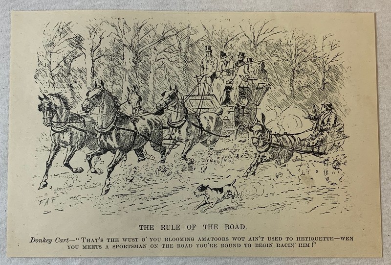1894 magazine engraving ~ RULE OF THE ROAD Horse Carriage vs Donkey Cart