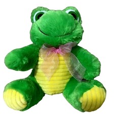 Dan Dee Collectors Choice Green Yellow Plush Frog 9" Pink Bow Stuffed Animal