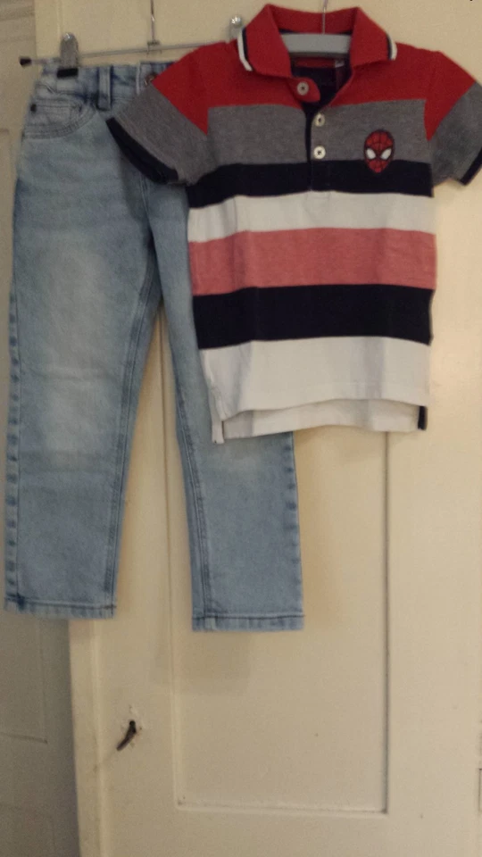 Jungen Outfit-Set 2 tlg., Jeans, Gr.110, Poloshirt, gestreift, Gr.98, kurzarm - Bild 2 von 4