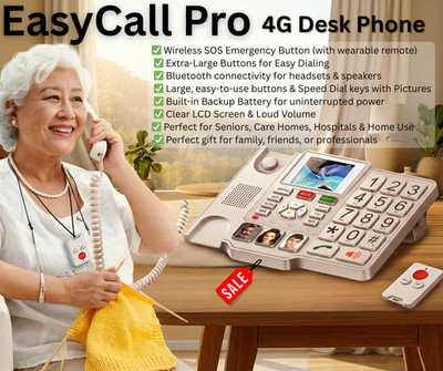 EasyCall Pro Senioren Tischtelefon 4G GSM, laute Stimme, SOS-Fernbedienung, große Tasten. SALE