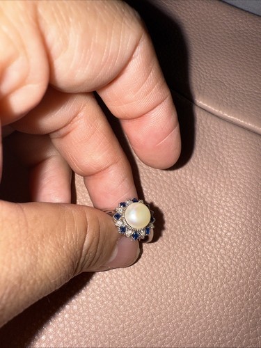 EJI Fresh Water Pearl Blue Spinel Art Deco Inspired Flower Ring 7.25 - Picture 2 of 5