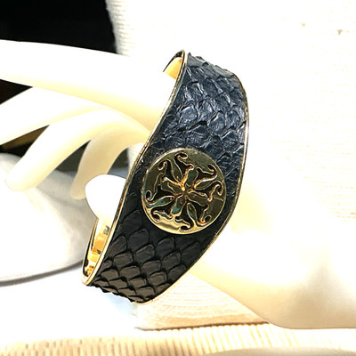 Rustic Cuff Bracelet Black Snakeskin Gold Ton Cuff