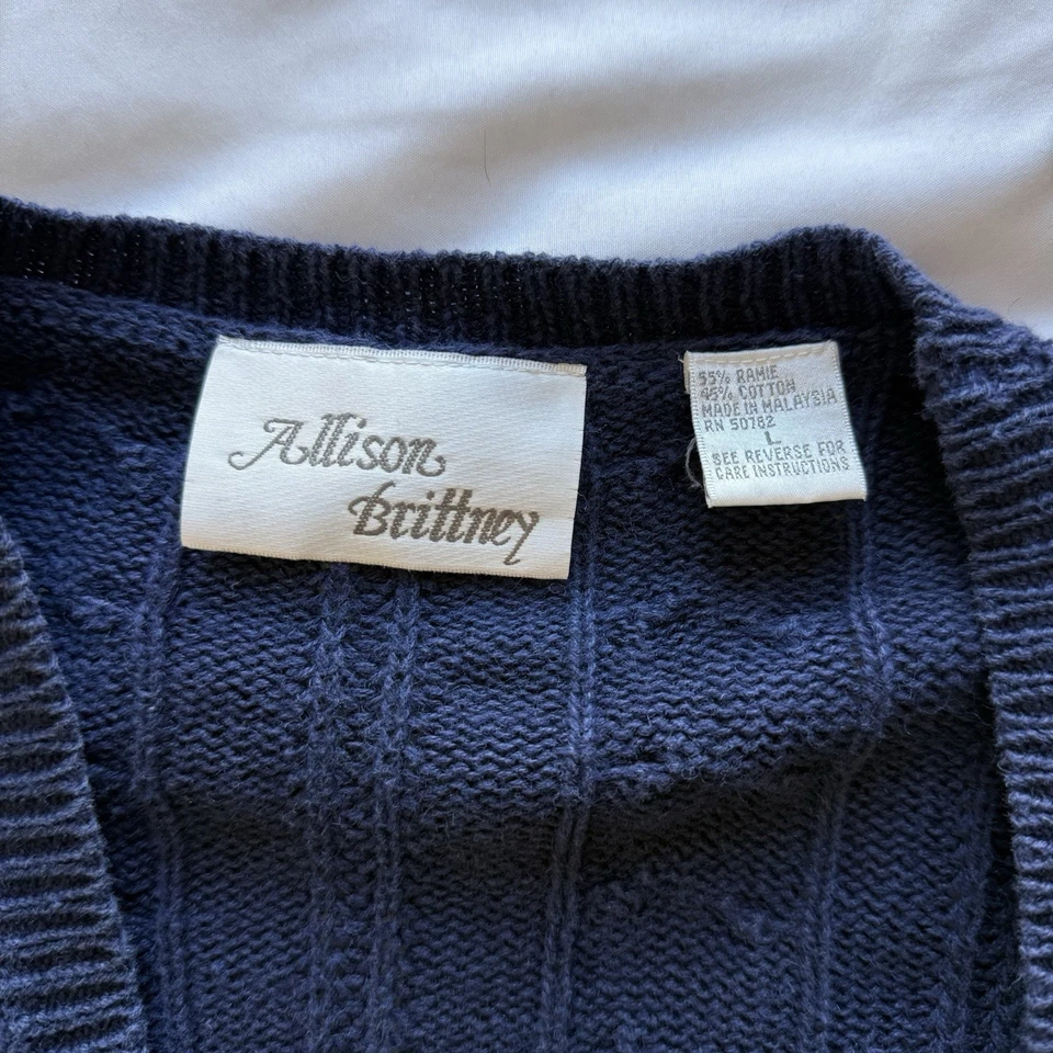 Cárdigan Suéter Vintage Allison Brittney Azul Tejido con Cable Botón Bolsillo Invierno Foto 3 de 4