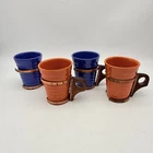 Vintage BAUER Pottery Ringware 6 oz tumblers w/ wood & copper handles Set of 4