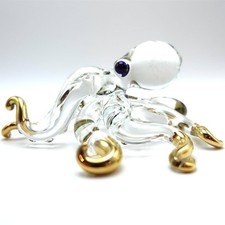 Miniature Hand Blown Glass Octopus Figurine - 5" Clear Gold Sea Animal Decor