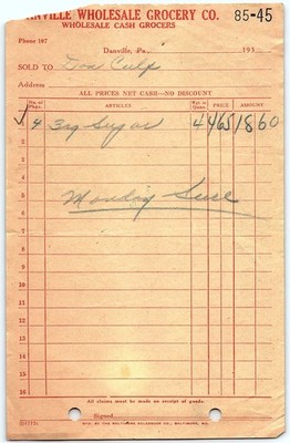 1930s Danville Wholesale Grocery billhead, Sheffield Milk ad
