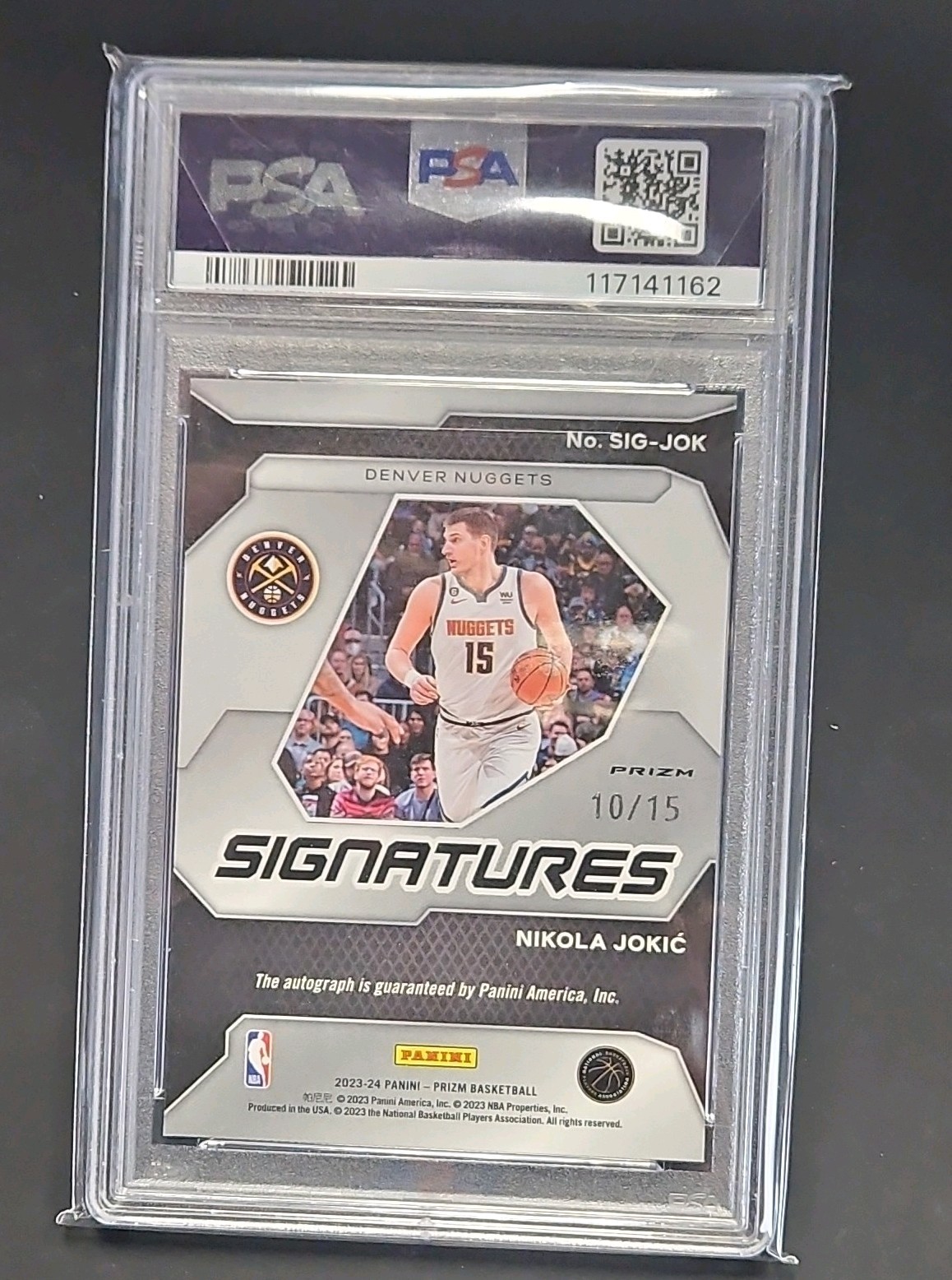 Panini 2023-24 Prizm Nikola Jokić Signatures Snakeskin Prizm Auto /15 PSA 10 view 2